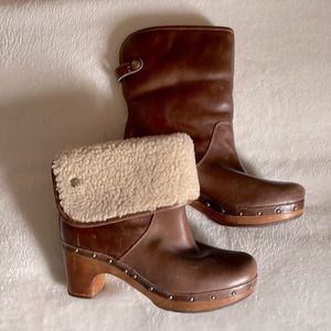 Ugg “Lynnea” leather boots, clog style, wool detail, wooden heel, rubber sole